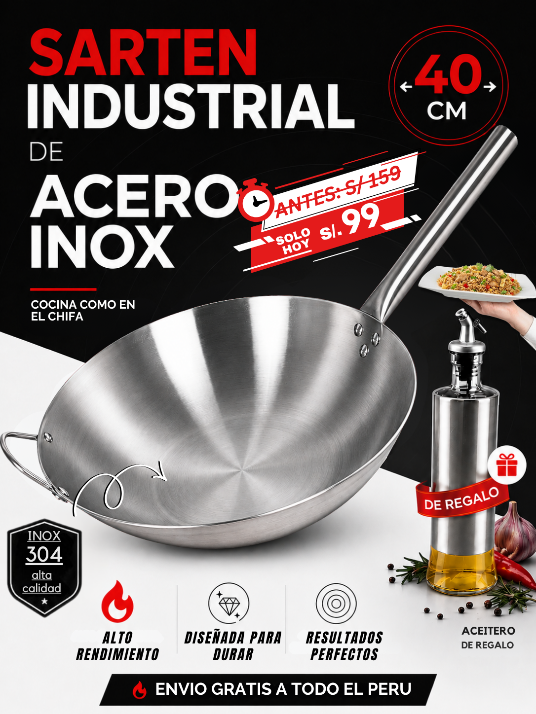 WOK DE ACERO INOXIDABLE 40CM + ACEITERO CHIFERO