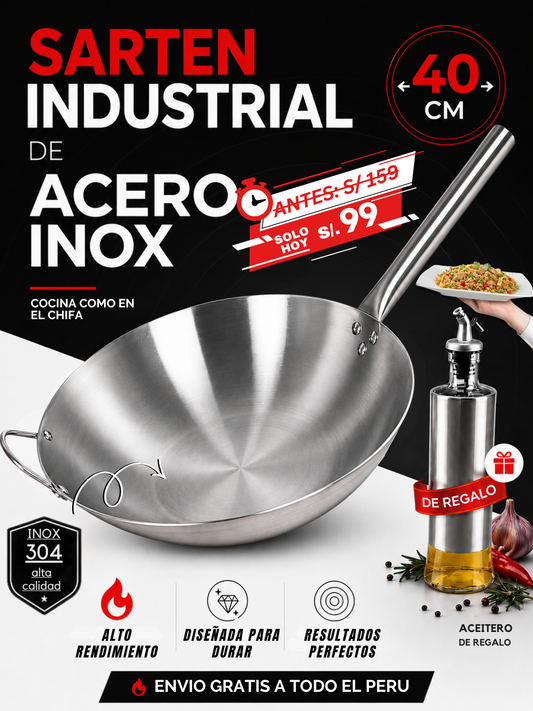 WOK DE ACERO INOXIDABLE 40CM + ACEITERO CHIFERO